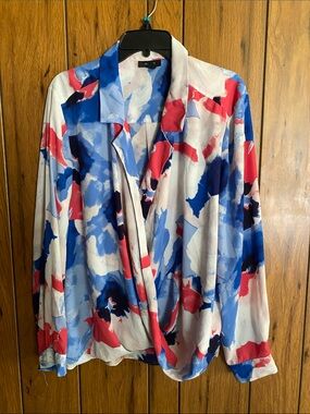 Alfani Abstract Red Blue and White Draped Blouse